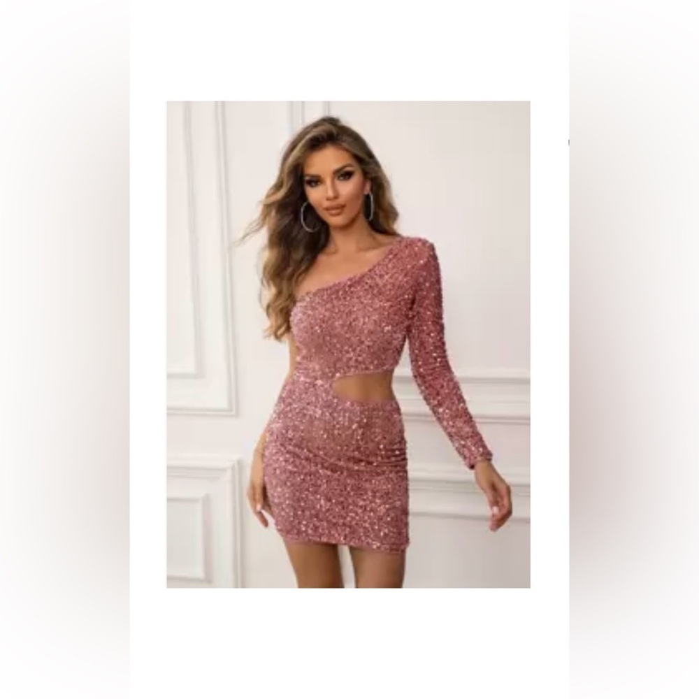 Y2K One sleeve cutout Pink Sequin Bodycoon dress size Small NWOT